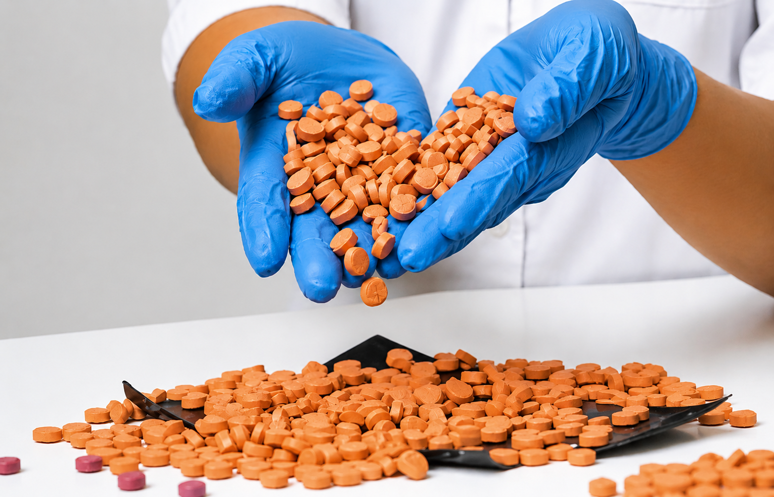 Several round orange botanical tablets arranged on a rustic wooden table surface